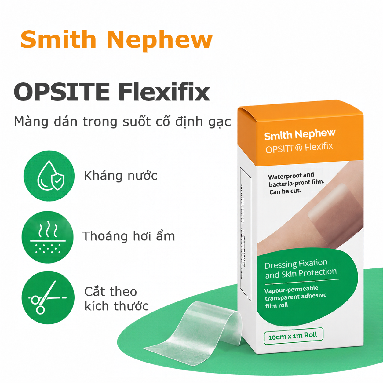 Màng dán trong suốt kháng nước OPSITE FLEXIFIX Smith+Nephew 10 cm × 1 m